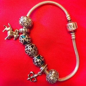 Pandora bracelet with 7 Pandora charms.